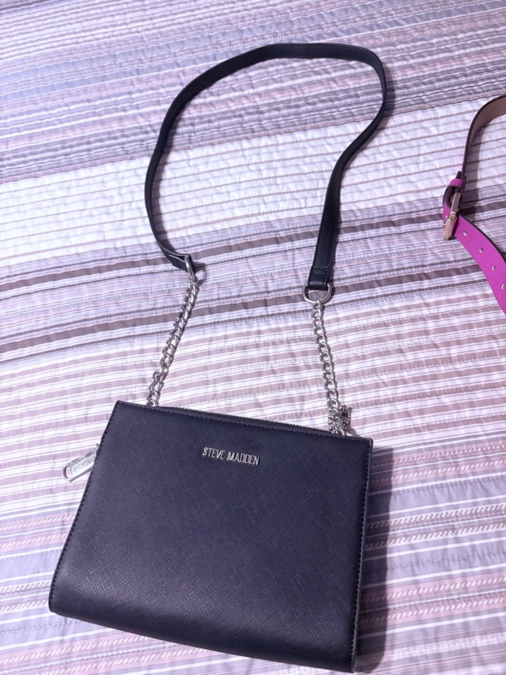 Steve Madden Black Leather Crossbody with Silver Chain